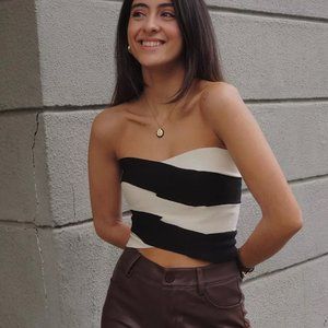 Black and white patchwork zipper tube top